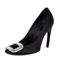 Pre Owned Roger Vivier Black Embellished Satin Limelight Buckle Pumps Size 37