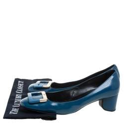 Pre Owned Roger Vivier Blue Leather Buckle Square Toe Pump Size 40.5