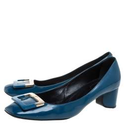 Pre Owned Roger Vivier Blue Leather Buckle Square Toe Pump Size 40.5