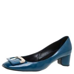 Pre Owned Roger Vivier Blue Leather Buckle Square Toe Pump Size 40.5
