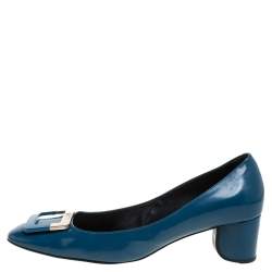 Pre Owned Roger Vivier Blue Leather Buckle Square Toe Pump Size 40.5