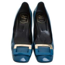 Pre Owned Roger Vivier Blue Leather Buckle Square Toe Pump Size 40.5