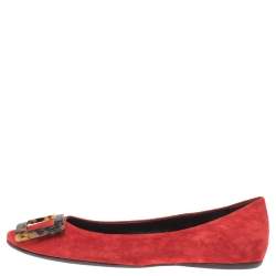 Pre Owned Roger Vivier Red Suede Tortoiseshell Belle Ballet Flats Size 36.5