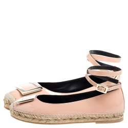 Pre Owned Roger Vivier Light Pink Patent Leather Buckle Ankle Wrap Espadrille Flats Size 39.5
