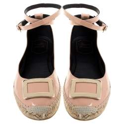 Pre Owned Roger Vivier Light Pink Patent Leather Buckle Ankle Wrap Espadrille Flats Size 39.5