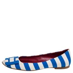Roger Vivier Blue/White Satin Striped Ballet Flats Size 35.5
