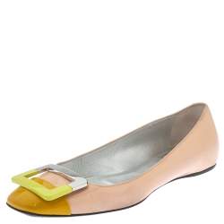 Roger Vivier Beige Patent Leather Buckle Detail Square Cap Toe Ballet Flats Size 37