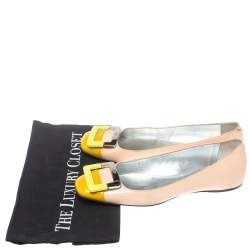 Roger Vivier Beige Patent Leather Buckle Detail Square Cap Toe Ballet Flats Size 37