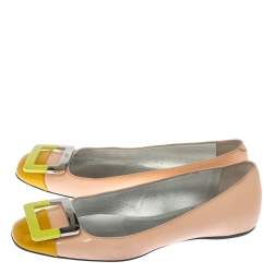 Roger Vivier Beige Patent Leather Buckle Detail Square Cap Toe Ballet Flats Size 37
