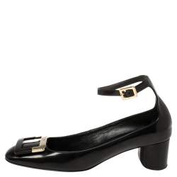 Pre Owned Roger Vivier Black Leather Buckle Detail Ankle Strap Pumps Size 38.5