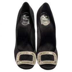 Roger Vivier Black Satin Trompette Crystal Embellished Pumps Size 41