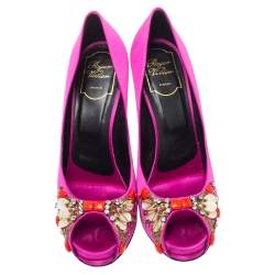 Pre Owned Roger Vivier Pink Satin Fuschia Embellished Peep Toe Pumps Size 39