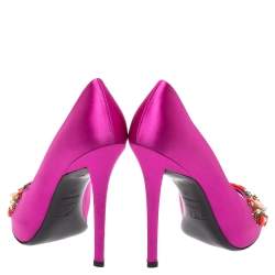 Pre Owned Roger Vivier Pink Satin Fuschia Embellished Peep Toe Pumps Size 39