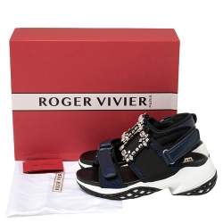 Pre Owned Roger Vivier Blue Leather And Mesh Viv Run Strass Buckle Sandals Size 38