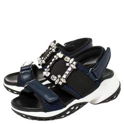 Pre Owned Roger Vivier Blue Leather And Mesh Viv Run Strass Buckle Sandals Size 38