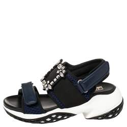 Pre Owned Roger Vivier Blue Leather And Mesh Viv Run Strass Buckle Sandals Size 38