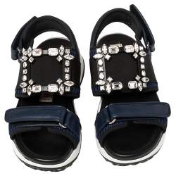 Pre Owned Roger Vivier Blue Leather And Mesh Viv Run Strass Buckle Sandals Size 38