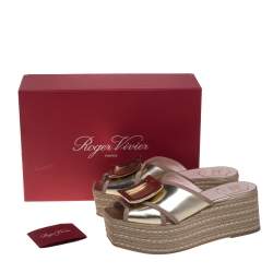 Pre Owned Roger Vivier Gold Leather Bikiviv Espadrille Wedge Platform Slide Sandals Size 40