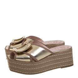 Pre Owned Roger Vivier Gold Leather Bikiviv Espadrille Wedge Platform Slide Sandals Size 40