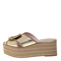 Pre Owned Roger Vivier Gold Leather Bikiviv Espadrille Wedge Platform Slide Sandals Size 40