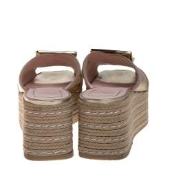 Pre Owned Roger Vivier Gold Leather Bikiviv Espadrille Wedge Platform Slide Sandals Size 40
