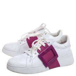 Roger Vivier White/Pink Leather And Rubber  Viv Skate Sneakers Size 37