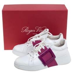 Roger Vivier White/Pink Leather And Rubber  Viv Skate Sneakers Size 37