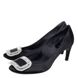 Pre Owned Roger Vivier Black Satin Crystal Embellished  Pumps Size 36.5