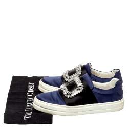 Pre Owned Roger Vivier Navy Blue/Black Satin Sneaky Viv Embellished Slip On Sneakers Size 35