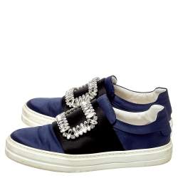 Pre Owned Roger Vivier Navy Blue/Black Satin Sneaky Viv Embellished Slip On Sneakers Size 35