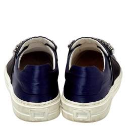 Pre Owned Roger Vivier Navy Blue/Black Satin Sneaky Viv Embellished Slip On Sneakers Size 35