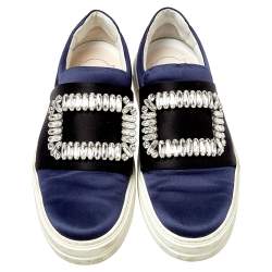Pre Owned Roger Vivier Navy Blue/Black Satin Sneaky Viv Embellished Slip On Sneakers Size 35