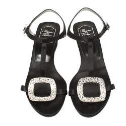 Pre Owned Roger Vivier Black Satin Chips Crystal Embellished Ankle Strap Sandals Size 39