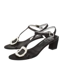 Pre Owned Roger Vivier Black Satin Chips Crystal Embellished Ankle Strap Sandals Size 39