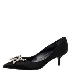 Pre Owned Roger Vivier Black Satin Crystal Embellished Pointed Toe Pumps Size 39.5