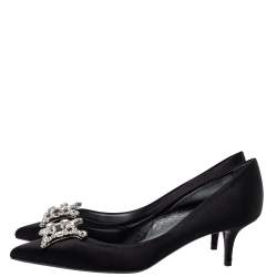Pre Owned Roger Vivier Black Satin Crystal Embellished Pointed Toe Pumps Size 39.5