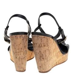 Roger Vivier Black Leather Cork Wedge Sandals Size 35.5