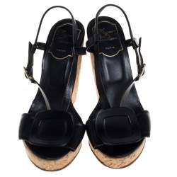 Roger Vivier Black Leather Cork Wedge Sandals Size 35.5