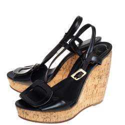 Roger Vivier Black Leather Cork Wedge Sandals Size 35.5