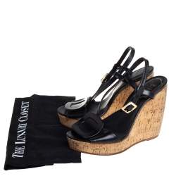 Roger Vivier Black Leather Cork Wedge Sandals Size 35.5
