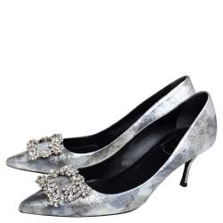 Pre Owned Roger Vivier Silver Foil Leather Flower Strass Crystal Embellished Pointed Toe Pumps Size 37