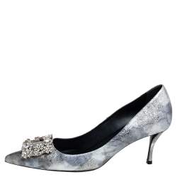 Pre Owned Roger Vivier Silver Foil Leather Flower Strass Crystal Embellished Pointed Toe Pumps Size 37
