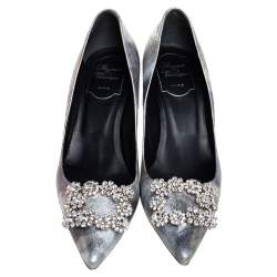 Pre Owned Roger Vivier Silver Foil Leather Flower Strass Crystal Embellished Pointed Toe Pumps Size 37