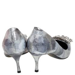 Pre Owned Roger Vivier Silver Foil Leather Flower Strass Crystal Embellished Pointed Toe Pumps Size 37