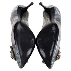 Pre Owned Roger Vivier Silver Foil Leather Flower Strass Crystal Embellished Pointed Toe Pumps Size 37