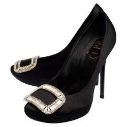 Pre Owned Roger Vivier Black Satin Limelight Buckle Embellished Platform Pumps Size 38
