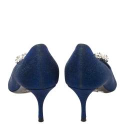 Pre Owned Roger Vivier Blue Glitter Fabric Flower Strass Crystal Embellished Pointed Toe Pumps Size 40