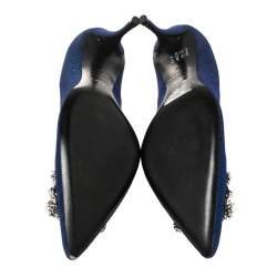 Pre Owned Roger Vivier Blue Glitter Fabric Flower Strass Crystal Embellished Pointed Toe Pumps Size 40