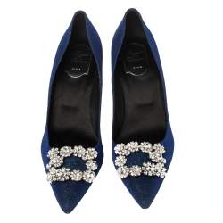 Pre Owned Roger Vivier Blue Glitter Fabric Flower Strass Crystal Embellished Pointed Toe Pumps Size 40