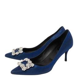 Pre Owned Roger Vivier Blue Glitter Fabric Flower Strass Crystal Embellished Pointed Toe Pumps Size 40